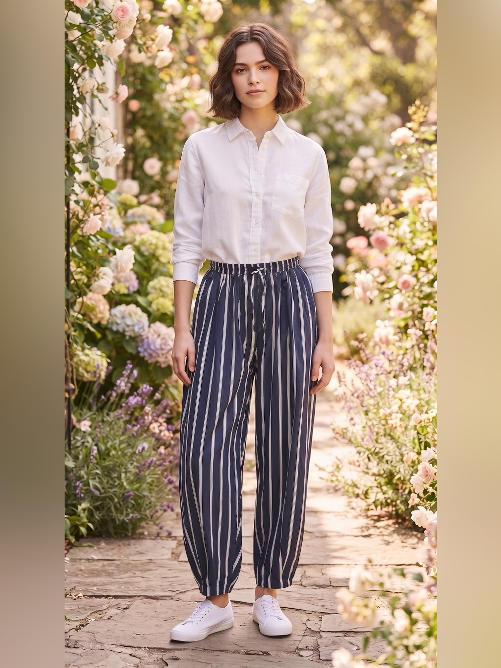 Striped Navy and White Relaxed Drawstring Pants